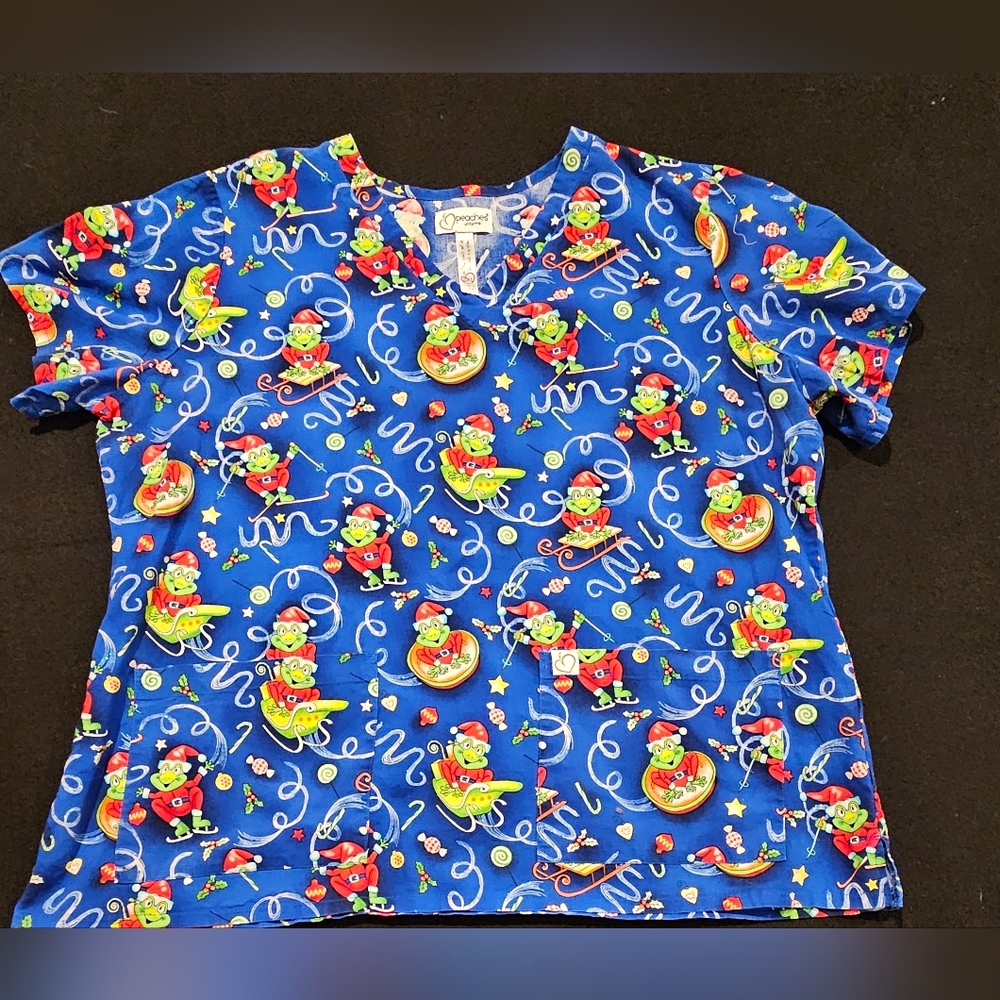 Peaches Uniforms Christmas Frog Women's Scrub Top Size 3XL